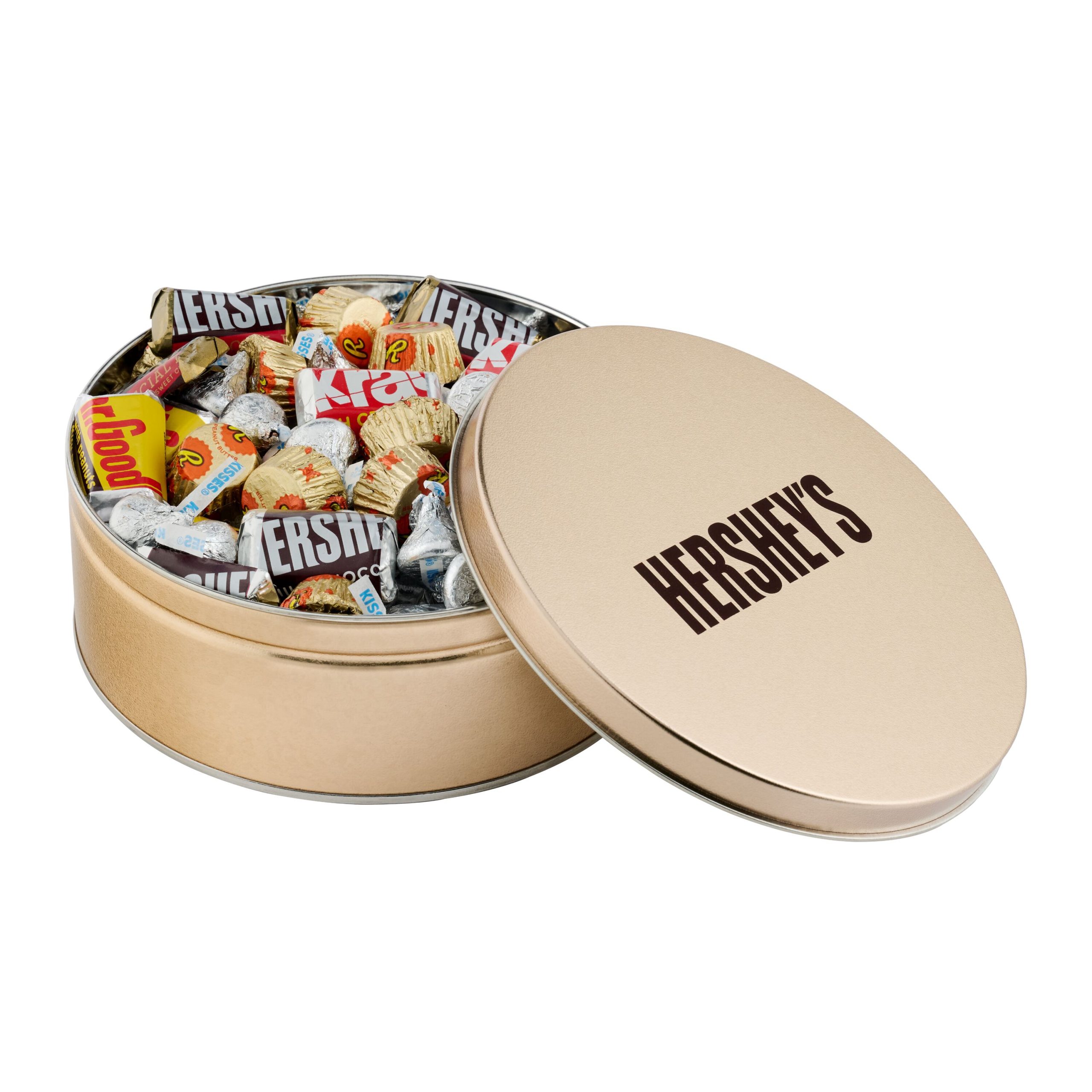 HERSHEY’S Decorative 2lb Gold Tin: Miniatures, KISSES & REESE’S Assortment - THE HERSHEY COMPANY