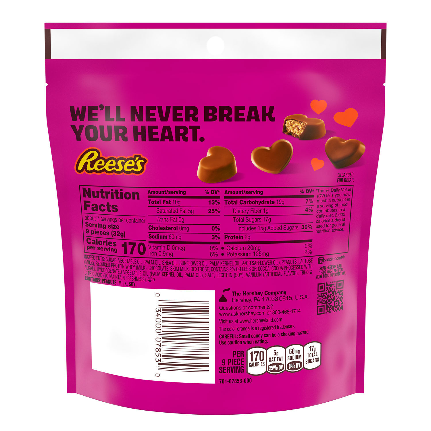 REESE’S Unwrapped Chocolate Peanut Butter Creme Mini Hearts Valentine’s Candy Bag, 7.6 oz - THE HERSHEY COMPANY
